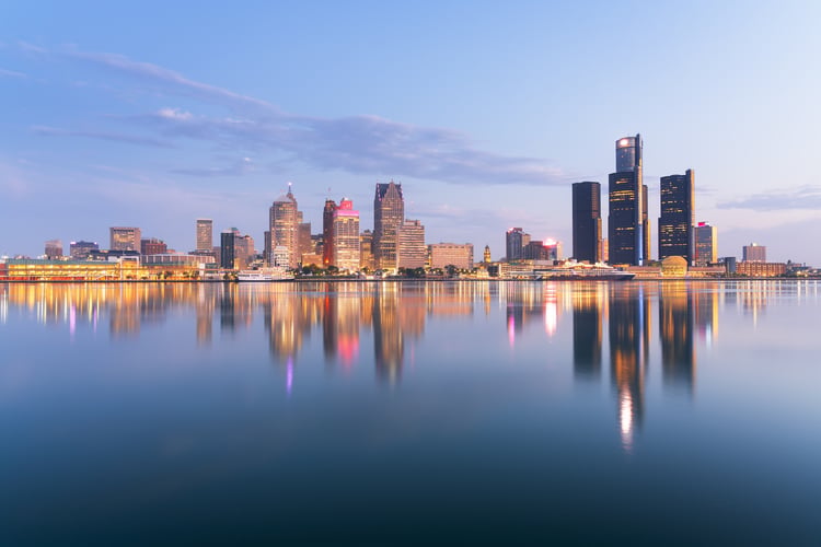 Detroit skyline over the water