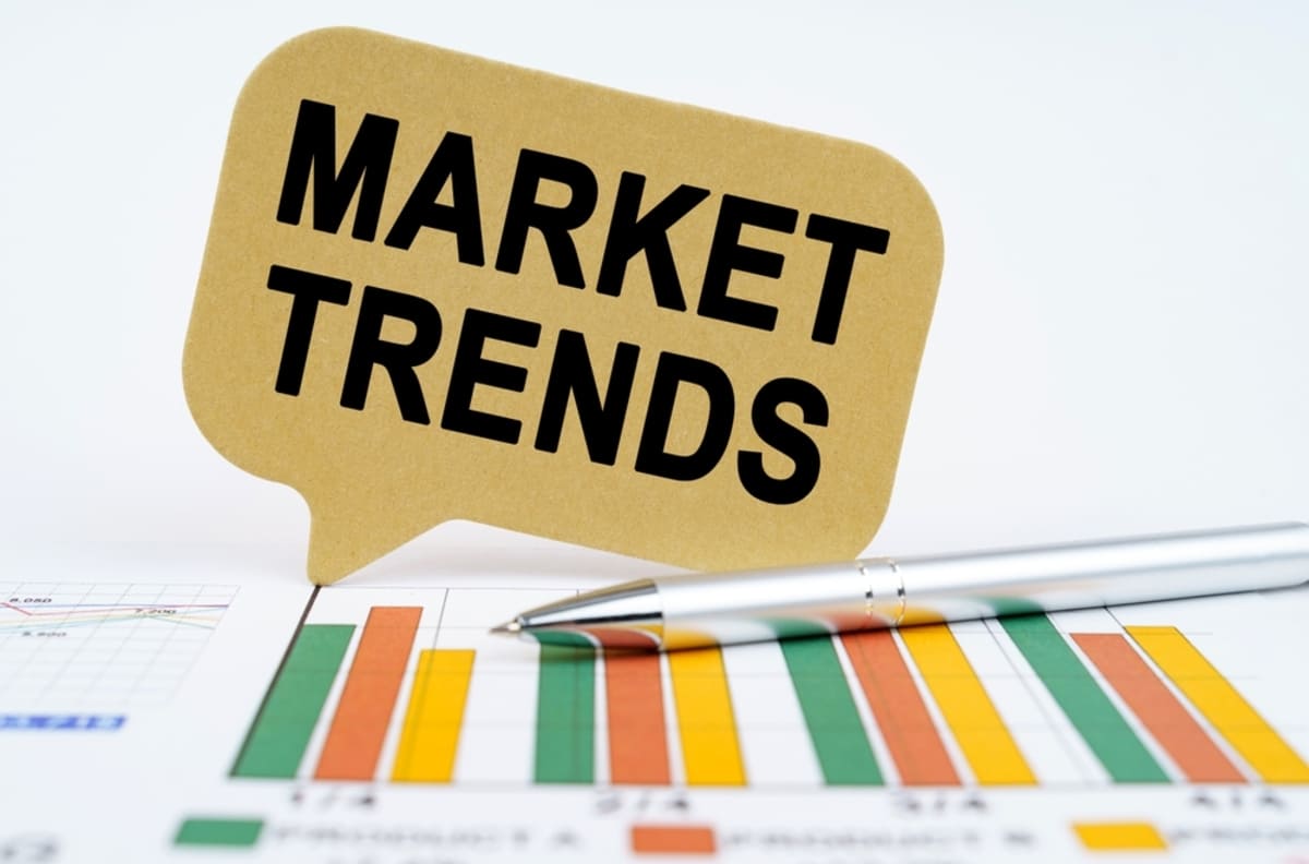 A speech bubble that says market trends next to a graph