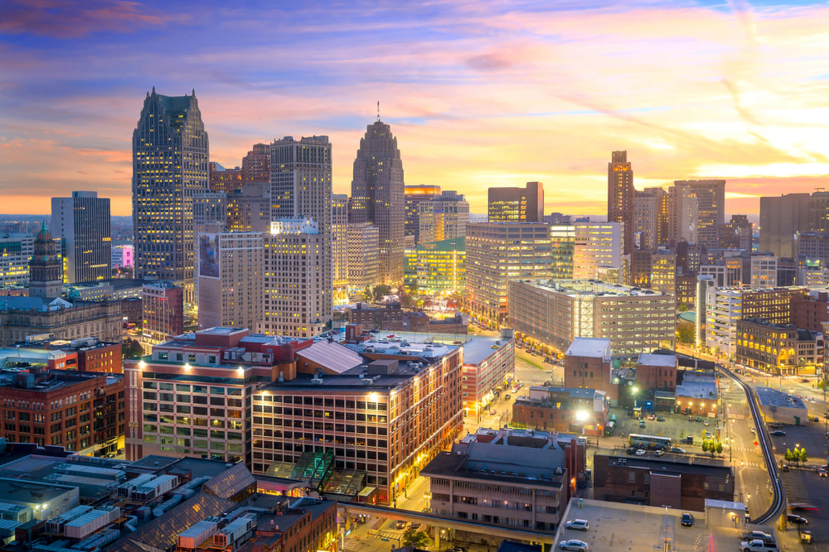 Aerial view of Detroit buildings and streets