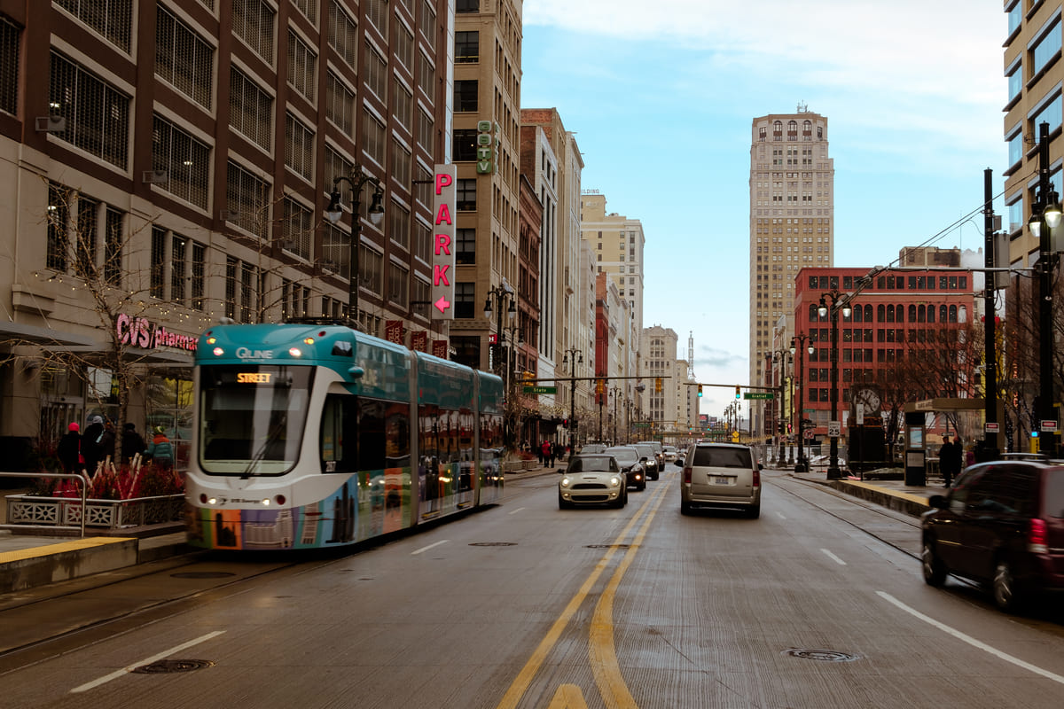 Building and transportation in a downtown area in Detroit