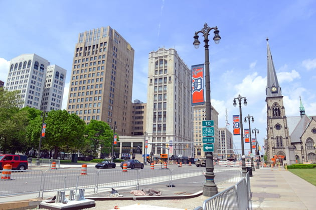 Downtown Detroit showing commercial and residential buildings