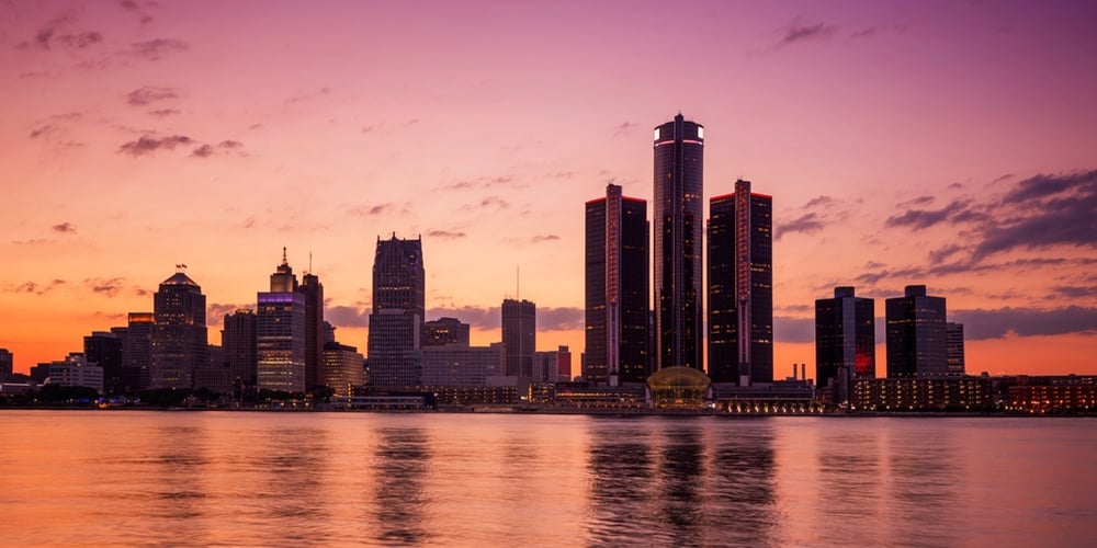 Downtown Detroit skyline at sunset
