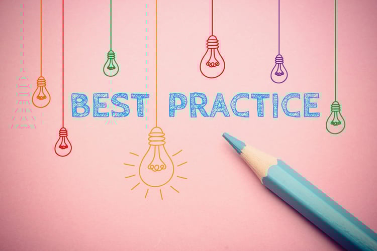 The words best practice in front of a pink background with drawings of lightbulbs