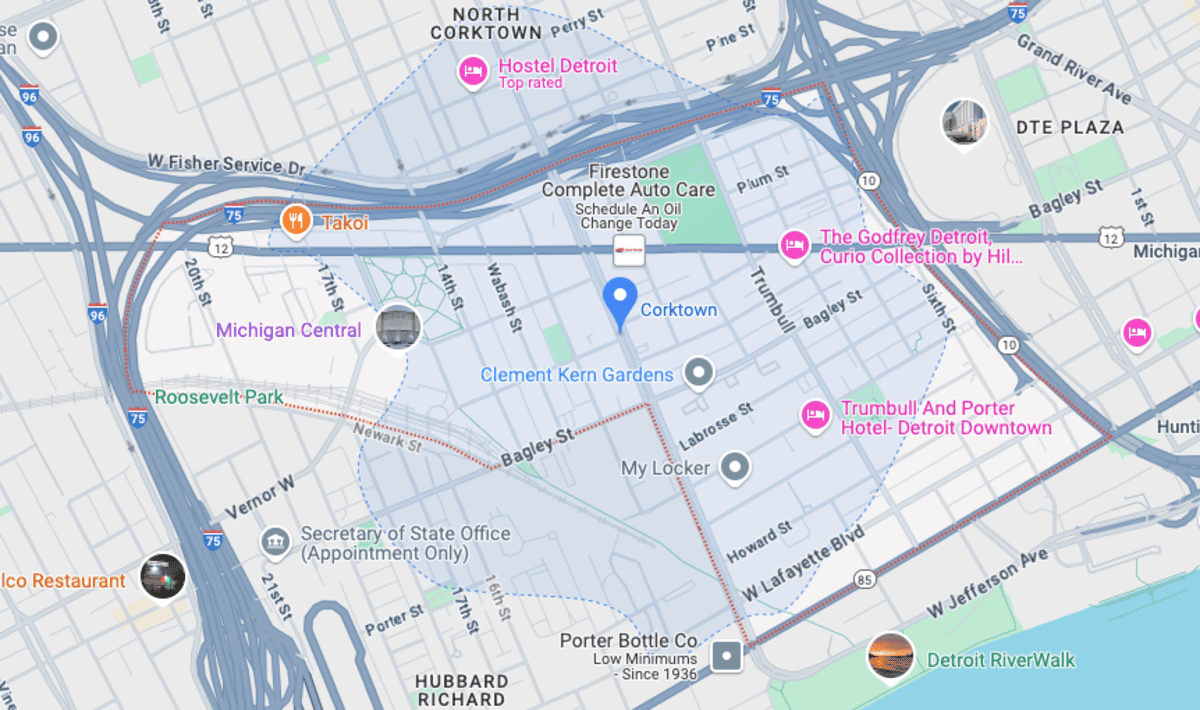 Maps view of Corktown in Detroit