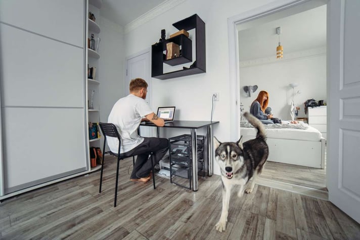Dad works at laptop, mom and baby on the bed