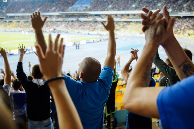 A crowd of people standing up in a stadium