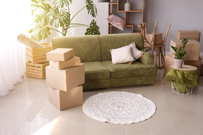 Furniture with moving boxes and belongings in room
