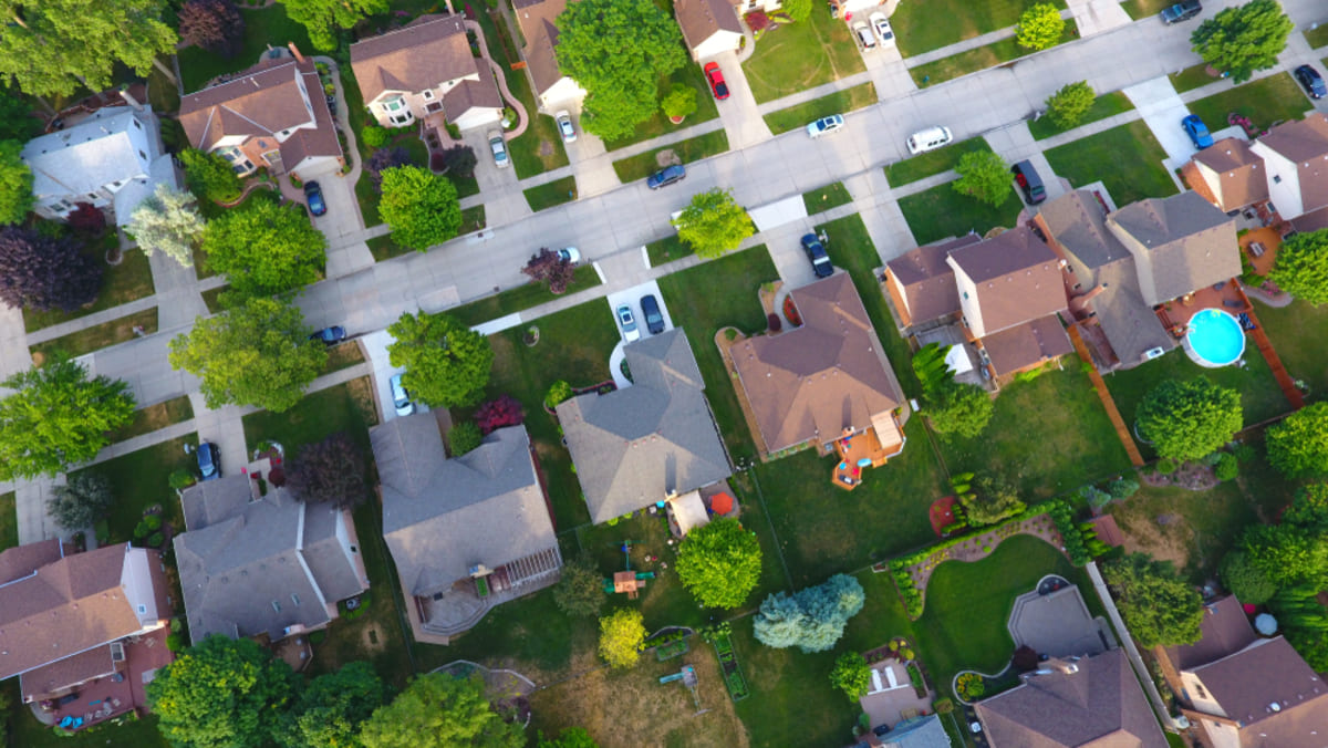 An aerial view of a suburban area in Detroit
