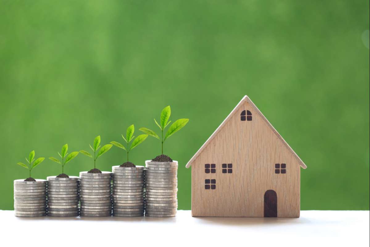 sprouts on top of a stack of coins growing beside a small wooden house